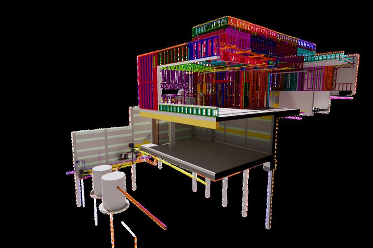 Corte tridimensional de um edifício modelado em BIM, com os pisos e a estrutura
              em light steel frame visíveis.